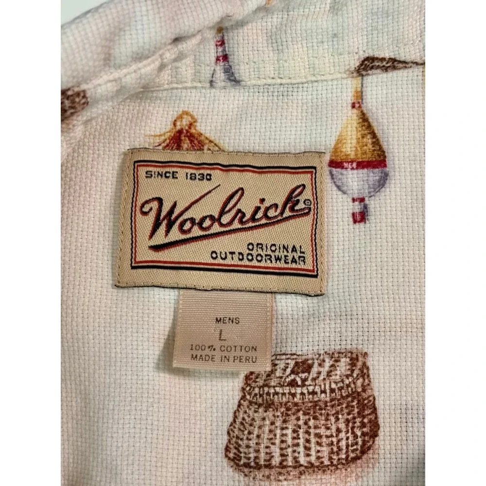 Woolrich Fishing Print Shirt Mens L‎ Cream Short Sleeve Cotton Fathers Day Dad